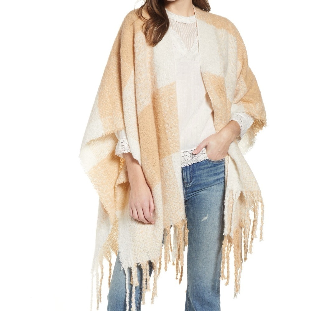 NWT Free People Soft Hampton Plaid Open Front Fringe Ruana Shawl Poncho in Tan